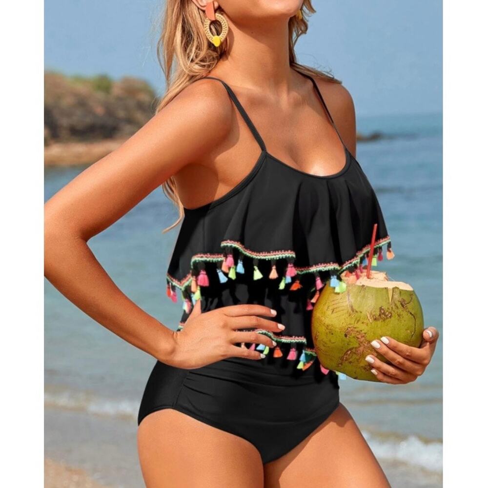 Holipick Women Black Tassel Tankini Set High Waisted Tummy Control L